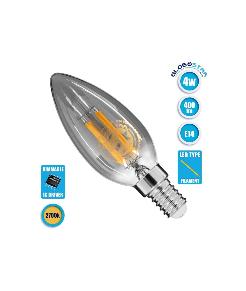 GLOBOSTAR® CANDLE 99061 Λάμπα Κεράκι E14 C35 LED 4W 400lm 360° AC 220-240V IP20 Θερμό Λευκό 2700K Dimmable - Filament Chip - Μαύρο Φιμέ - Μ3.5 x Π3.5 x Υ9.8cm - 3 Χρόνια Εγγύηση